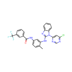 Cc1ccc(NC(=O)c2cccc(C(F)(F)F)c2)cc1Nc1nc2ccccc2n1-c1cc(Cl)ncn1 ZINC000049793844