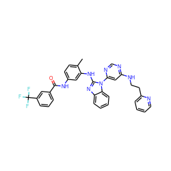 Cc1ccc(NC(=O)c2cccc(C(F)(F)F)c2)cc1Nc1nc2ccccc2n1-c1cc(NCCc2ccccn2)ncn1 ZINC000049925468