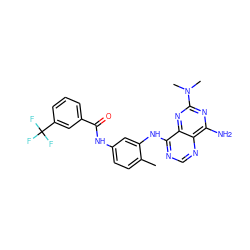 Cc1ccc(NC(=O)c2cccc(C(F)(F)F)c2)cc1Nc1ncnc2c(N)nc(N(C)C)nc12 ZINC000166199723