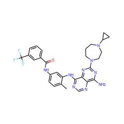 Cc1ccc(NC(=O)c2cccc(C(F)(F)F)c2)cc1Nc1ncnc2c(N)nc(N3CCCN(C4CC4)CC3)nc12 ZINC000140566566