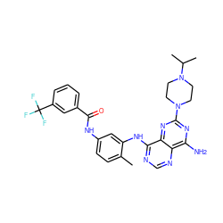 Cc1ccc(NC(=O)c2cccc(C(F)(F)F)c2)cc1Nc1ncnc2c(N)nc(N3CCN(C(C)C)CC3)nc12 ZINC000166171433