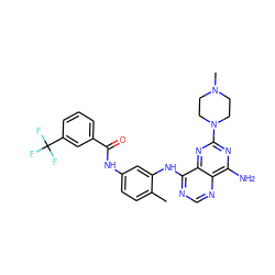 Cc1ccc(NC(=O)c2cccc(C(F)(F)F)c2)cc1Nc1ncnc2c(N)nc(N3CCN(C)CC3)nc12 ZINC000166141885
