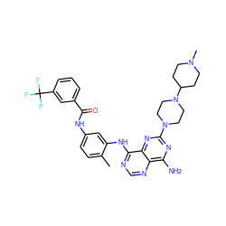 Cc1ccc(NC(=O)c2cccc(C(F)(F)F)c2)cc1Nc1ncnc2c(N)nc(N3CCN(C4CCN(C)CC4)CC3)nc12 ZINC000166166057