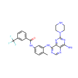 Cc1ccc(NC(=O)c2cccc(C(F)(F)F)c2)cc1Nc1ncnc2c(N)nc(N3CCNCC3)nc12 ZINC000166170646