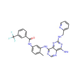 Cc1ccc(NC(=O)c2cccc(C(F)(F)F)c2)cc1Nc1ncnc2c(N)nc(NCc3ccccn3)nc12 ZINC000166199860