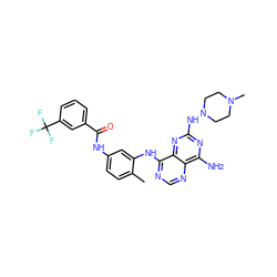 Cc1ccc(NC(=O)c2cccc(C(F)(F)F)c2)cc1Nc1ncnc2c(N)nc(NN3CCN(C)CC3)nc12 ZINC000166140529