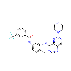 Cc1ccc(NC(=O)c2cccc(C(F)(F)F)c2)cc1Nc1ncnc2cnc(N3CCN(C)CC3)nc12 ZINC000166184090