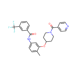 Cc1ccc(NC(=O)c2cccc(C(F)(F)F)c2)cc1OC1CCN(C(=O)c2ccncc2)CC1 ZINC000653823293