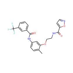 Cc1ccc(NC(=O)c2cccc(C(F)(F)F)c2)cc1OCCNC(=O)c1ccno1 ZINC000653823202