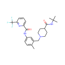 Cc1ccc(NC(=O)c2cccc(C(F)(F)F)n2)cc1CN1CCC(C(=O)NC(C)(C)C)CC1 ZINC001772606054