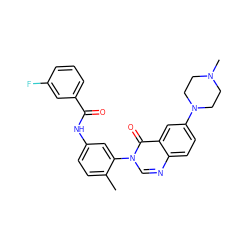 Cc1ccc(NC(=O)c2cccc(F)c2)cc1-n1cnc2ccc(N3CCN(C)CC3)cc2c1=O ZINC000084652519