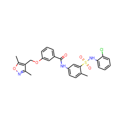 Cc1ccc(NC(=O)c2cccc(OCc3c(C)noc3C)c2)cc1S(=O)(=O)Nc1ccccc1Cl ZINC000008692737