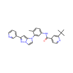 Cc1ccc(NC(=O)c2ccnc(C(C)(C)C)c2)cc1-n1ccn2nc(-c3cccnc3)cc12 ZINC000224220548