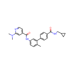 Cc1ccc(NC(=O)c2ccnc(N(C)C)c2)cc1-c1ccc(C(=O)NCC2CC2)cc1 ZINC000040403665