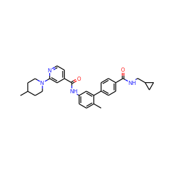 Cc1ccc(NC(=O)c2ccnc(N3CCC(C)CC3)c2)cc1-c1ccc(C(=O)NCC2CC2)cc1 ZINC000040917702