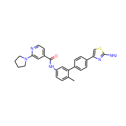 Cc1ccc(NC(=O)c2ccnc(N3CCCC3)c2)cc1-c1ccc(-c2csc(N)n2)cc1 ZINC000040972776