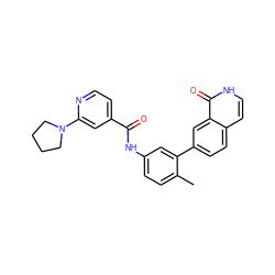 Cc1ccc(NC(=O)c2ccnc(N3CCCC3)c2)cc1-c1ccc2cc[nH]c(=O)c2c1 ZINC000040972868