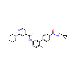 Cc1ccc(NC(=O)c2ccnc(N3CCCCC3)c2)cc1-c1ccc(C(=O)NCC2CC2)cc1 ZINC000040918269