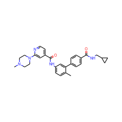 Cc1ccc(NC(=O)c2ccnc(N3CCN(C)CC3)c2)cc1-c1ccc(C(=O)NCC2CC2)cc1 ZINC000040407575