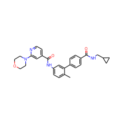 Cc1ccc(NC(=O)c2ccnc(N3CCOCC3)c2)cc1-c1ccc(C(=O)NCC2CC2)cc1 ZINC000020148989