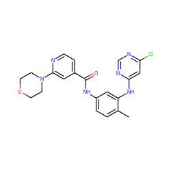 Cc1ccc(NC(=O)c2ccnc(N3CCOCC3)c2)cc1Nc1cc(Cl)ncn1 ZINC000028370256