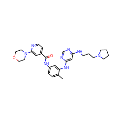 Cc1ccc(NC(=O)c2ccnc(N3CCOCC3)c2)cc1Nc1cc(NCCCN2CCCC2)ncn1 ZINC000028389381