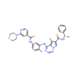 Cc1ccc(NC(=O)c2ccnc(N3CCOCC3)c2)cc1Nc1ncnn2cc(C(=O)N[C@@H](C)c3ccccc3)c(C)c12 ZINC000014210678