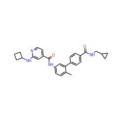 Cc1ccc(NC(=O)c2ccnc(NC3CCC3)c2)cc1-c1ccc(C(=O)NCC2CC2)cc1 ZINC000040918325