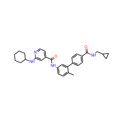 Cc1ccc(NC(=O)c2ccnc(NC3CCCCC3)c2)cc1-c1ccc(C(=O)NCC2CC2)cc1 ZINC000040918326