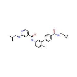 Cc1ccc(NC(=O)c2ccnc(NCC(C)C)c2)cc1-c1ccc(C(=O)NCC2CC2)cc1 ZINC000040408883