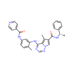 Cc1ccc(NC(=O)c2ccncc2)cc1Nc1ncnn2cc(C(=O)N[C@@H](C)c3ccccc3)c(C)c12 ZINC000029049407