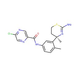 Cc1ccc(NC(=O)c2cnc(Cl)cn2)cc1[C@@]1(C)CCSC(N)=N1 ZINC000147781580