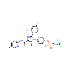 Cc1ccc(NC(=O)c2nc(-c3ccc(Cl)cc3Cl)n(-c3ccc(OS(=O)(=O)CCC(F)(F)F)cc3)c2C)nc1 ZINC000149708278