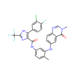 Cc1ccc(NC(=O)c2nc(C(F)(F)F)[nH]c2-c2ccc(F)c(Cl)c2)cc1Nc1ccc2ncn(C)c(=O)c2c1 ZINC000049745956