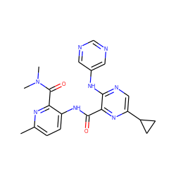 Cc1ccc(NC(=O)c2nc(C3CC3)cnc2Nc2cncnc2)c(C(=O)N(C)C)n1 ZINC000169701883