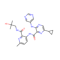 Cc1ccc(NC(=O)c2nc(C3CC3)cnc2Nc2cncnc2)c(C(=O)NCC(C)(C)O)n1 ZINC000169701806