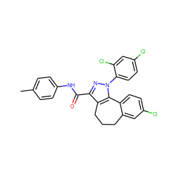 Cc1ccc(NC(=O)c2nn(-c3ccc(Cl)cc3Cl)c3c2CCCc2cc(Cl)ccc2-3)cc1 ZINC000013676074