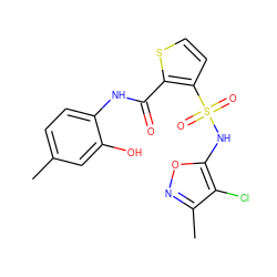 Cc1ccc(NC(=O)c2sccc2S(=O)(=O)Nc2onc(C)c2Cl)c(O)c1 ZINC000013815779