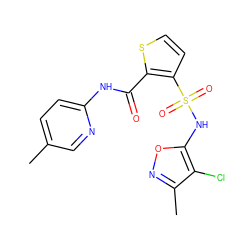 Cc1ccc(NC(=O)c2sccc2S(=O)(=O)Nc2onc(C)c2Cl)nc1 ZINC000013815769