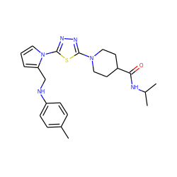 Cc1ccc(NCc2cccn2-c2nnc(N3CCC(C(=O)NC(C)C)CC3)s2)cc1 ZINC000008605293