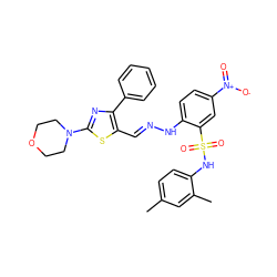 Cc1ccc(NS(=O)(=O)c2cc([N+](=O)[O-])ccc2N/N=C/c2sc(N3CCOCC3)nc2-c2ccccc2)c(C)c1 ZINC000017576648