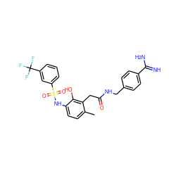 Cc1ccc(NS(=O)(=O)c2cccc(C(F)(F)F)c2)c(O)c1CC(=O)NCc1ccc(C(=N)N)cc1 ZINC000028568869