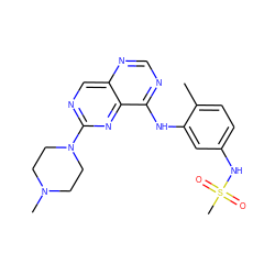 Cc1ccc(NS(C)(=O)=O)cc1Nc1ncnc2cnc(N3CCN(C)CC3)nc12 ZINC000166159580