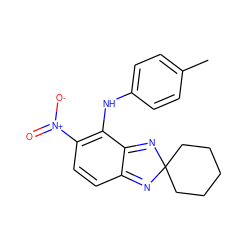 Cc1ccc(Nc2c([N+](=O)[O-])ccc3c2=NC2(CCCCC2)N=3)cc1 ZINC000100498632