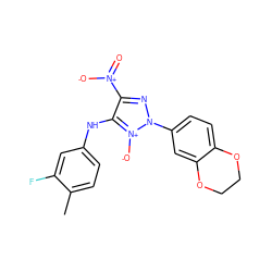 Cc1ccc(Nc2c([N+](=O)[O-])nn(-c3ccc4c(c3)OCCO4)[n+]2[O-])cc1F ZINC000005005436