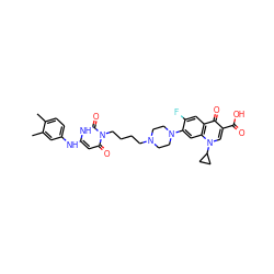 Cc1ccc(Nc2cc(=O)n(CCCCN3CCN(c4cc5c(cc4F)c(=O)c(C(=O)O)cn5C4CC4)CC3)c(=O)[nH]2)cc1C ZINC000028570012