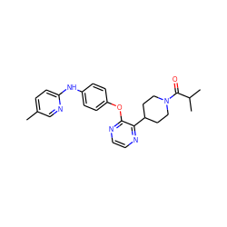 Cc1ccc(Nc2ccc(Oc3nccnc3C3CCN(C(=O)C(C)C)CC3)cc2)nc1 ZINC000148028028