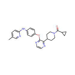 Cc1ccc(Nc2ccc(Oc3nccnc3C3CCN(C(=O)C4CC4)CC3)cc2)nc1 ZINC000147953195