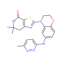 Cc1ccc(Nc2ccc3c(c2)N(c2nc4c(s2)C(=O)NC(C)(C)C4)CCO3)nn1 ZINC000040951490