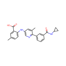 Cc1ccc(Nc2cnc(-c3cccc(C(=O)NC4CC4)c3)c(C)c2)c(C(=O)O)c1 ZINC000113898482